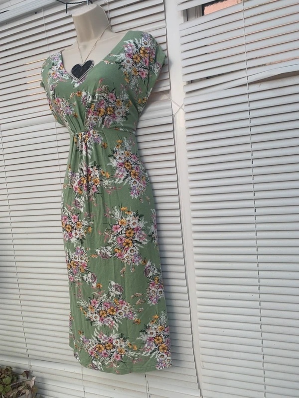 Floral V-Neck Sage Green Midi Dress with Gathered Waist
